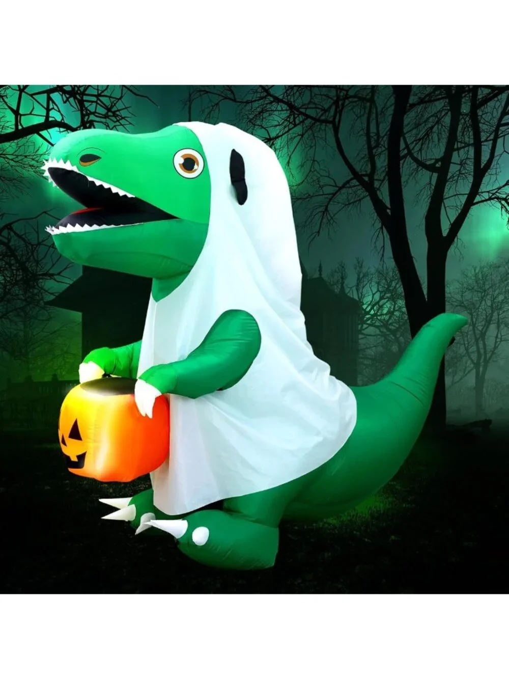 6 FT Halloween Inflatable Dinosaur with Pumpkin & Ghost - LED Yard Decor